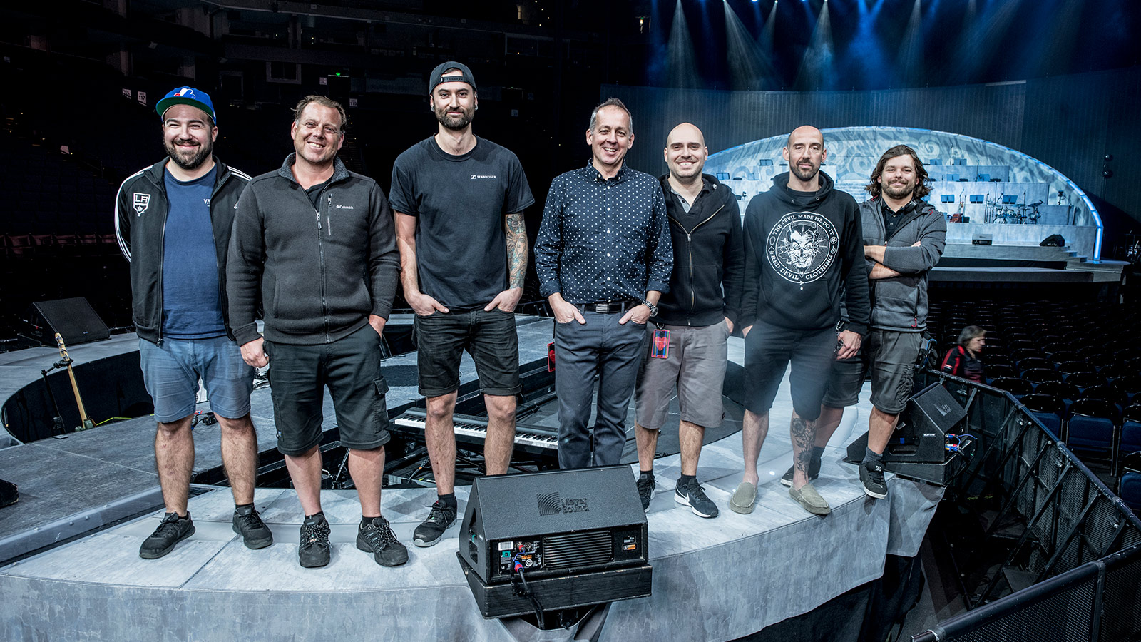 (L to R) Francis Lussier, PA/Stage Technician, Jeremy Walls, PA/Stage Technician, Sebastien Richard, PA/Stage Technician, Craig Doubet, FOH Engineer, Jonathan Trudeau, System Engineer/Crew Chief, Marc Depratto, Monitor Engineer, Louis-Philippe Maziade, Monitor Engineer
(NOT PICTURED) Charles Deziel, Patch/RF/Intercom technician