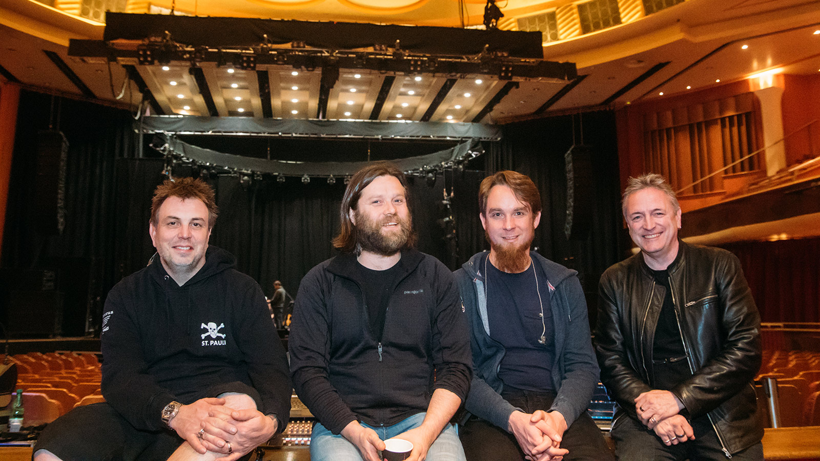 (L to R) Dave “Dribble” Poynter, Monitor/Stage Technician; Ashley Jones, System Technician; Steve Bunting, Monitor Engineer; Mark “Joey” Jowitt, Front of House Engineer  