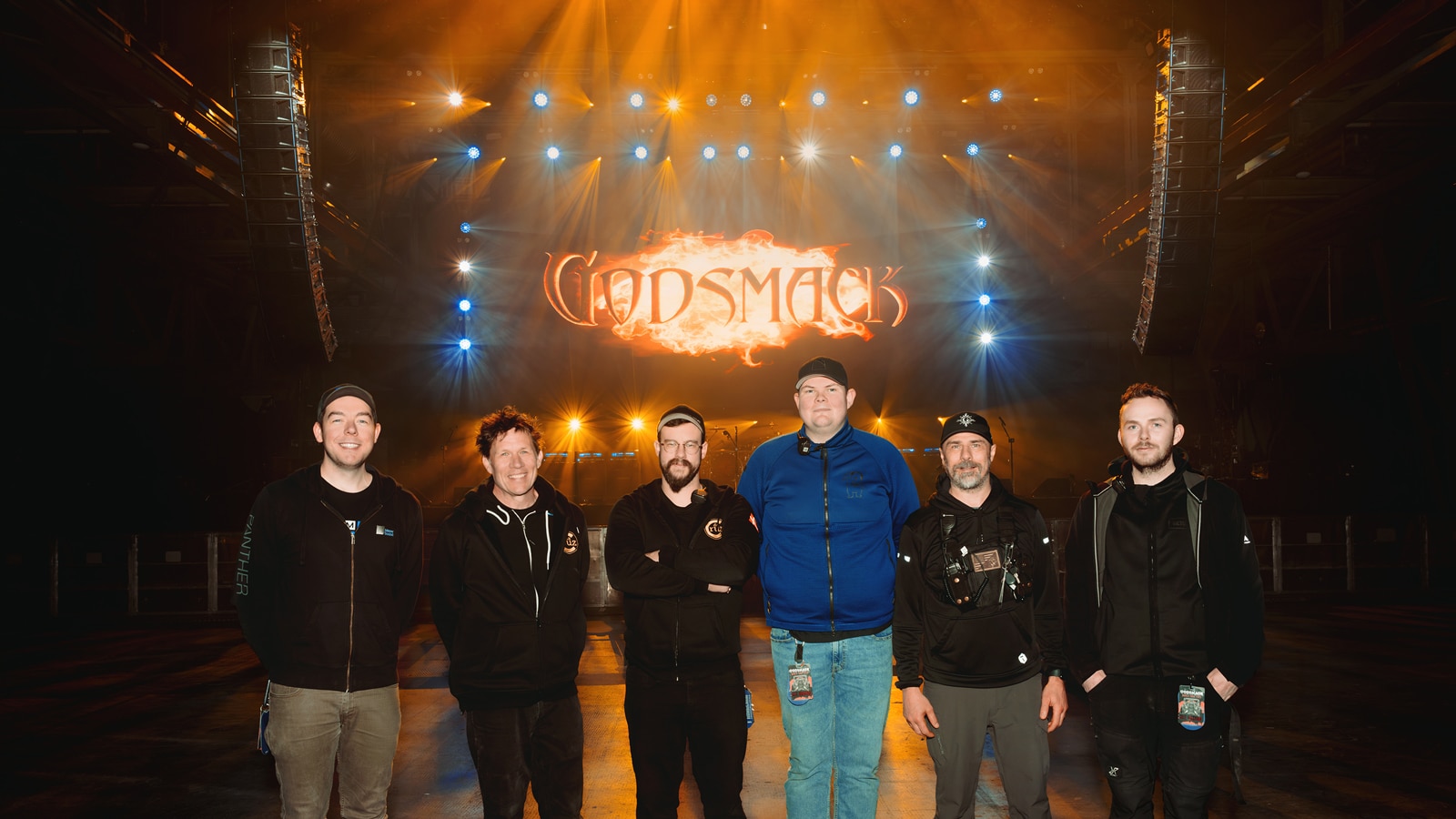 (L-R) Monitor Engineer Pat Rowe, Monitor Tech Josh Driscoll, FOH Tech Aaron Lauzier, Systems/PA Tech Mads Nørgaard, FOH Engineer / Production Manager Scott Tkachuk, and PA Tech Rasmus “Razormoose” Kristiasen in Budapest, Hungary.